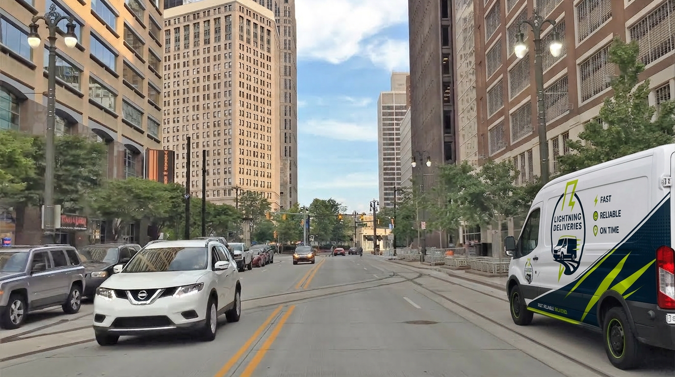 Lightning Deliveries courier van in Metro Detroit